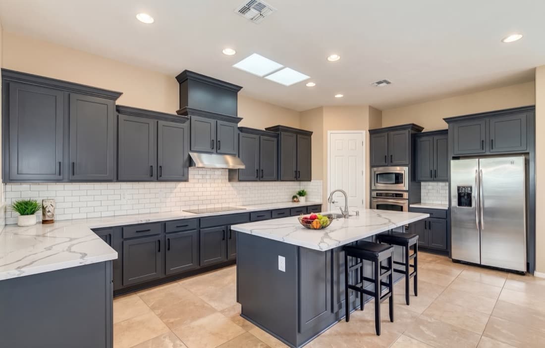 The same kitchen rendered as Sophisticated Charcoal